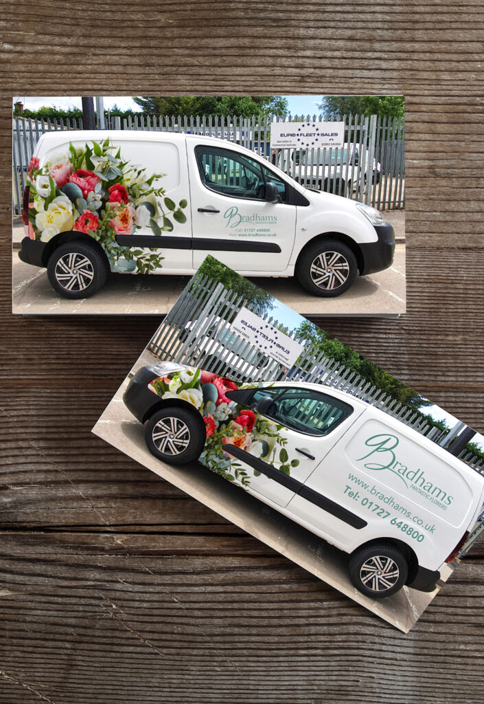 Substance design, Bradhams van livery, white delivery van with flowers and branding on the front and side