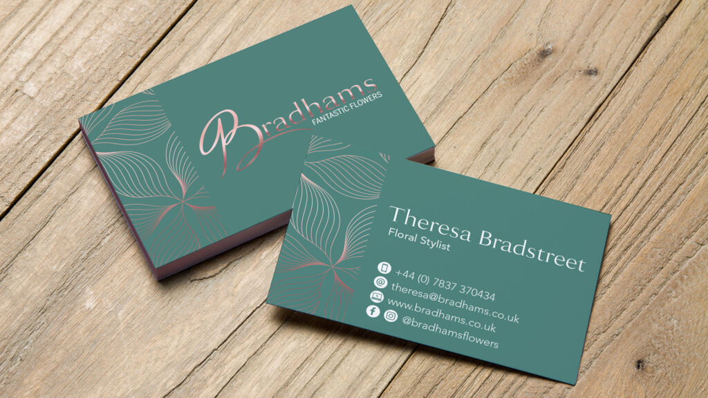 Substance design of bradhams business-cards, green front and back with metallic pink foil printing
