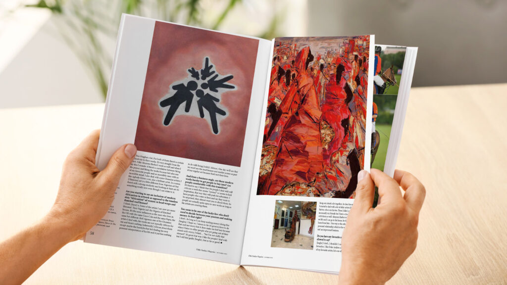 substance design of fifth chukker magazine, an open magazine spread of an article about art