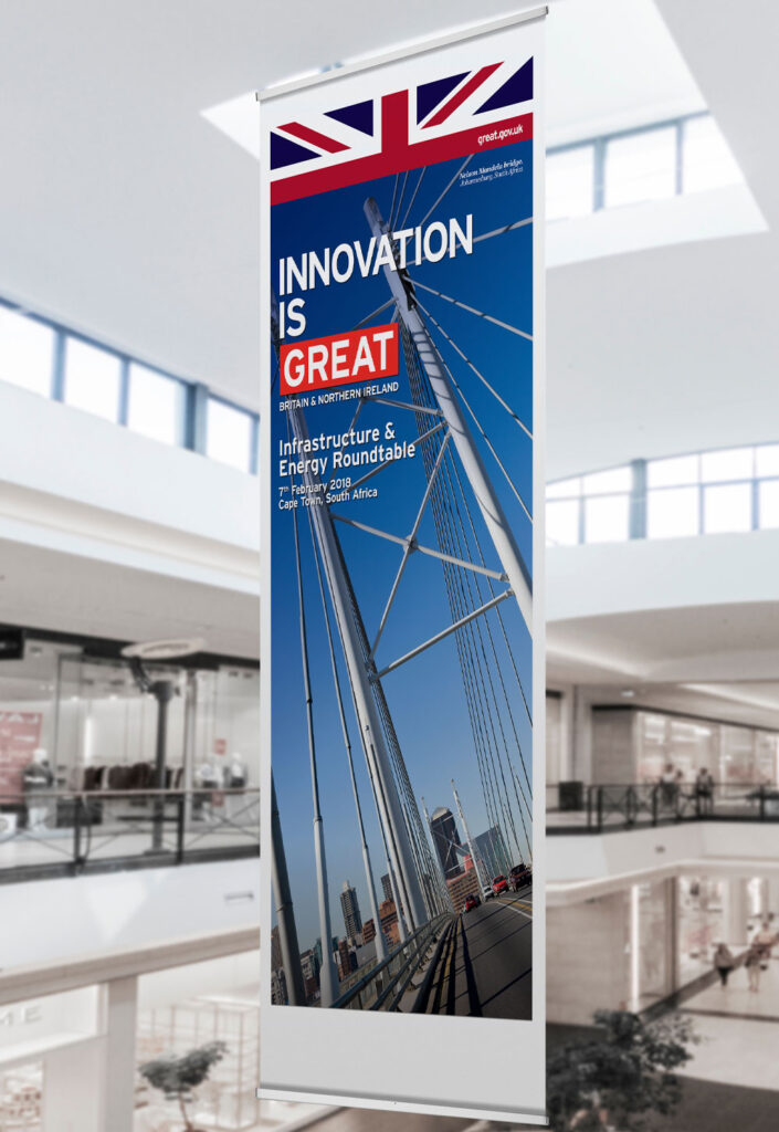 events banner of London bridge with Union Jack flag at the top